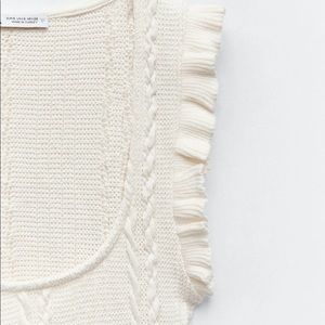 ZARA Ecru Cable Knit Ruffled Sleeves Top vest  size medium